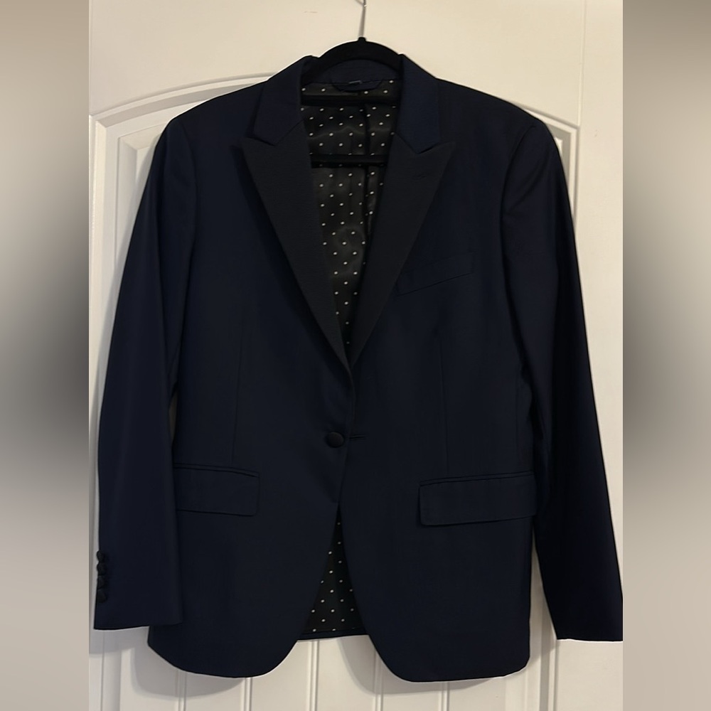 Bonobos navy blue stripe tux: 38S jacket and 30 waist, 29” inseam matching pants